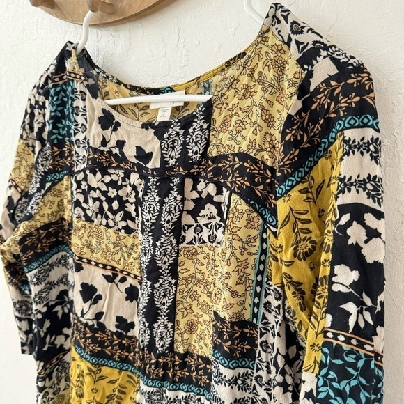 J Jill Patchwork 3/4 Sleeve Floral Rayon J Jill Top Boho Scoop Popover Blouse MP - Picture 2 of 10